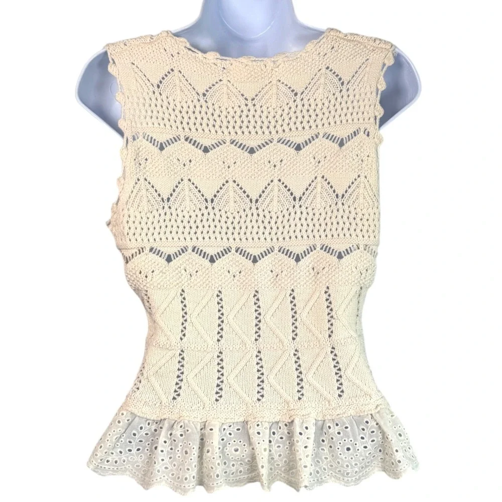 Heartloom Crochet Knit Top Sz S Cream Eyelet Peplum Boho Cottage Country Whimsy - Picture 4 of 8